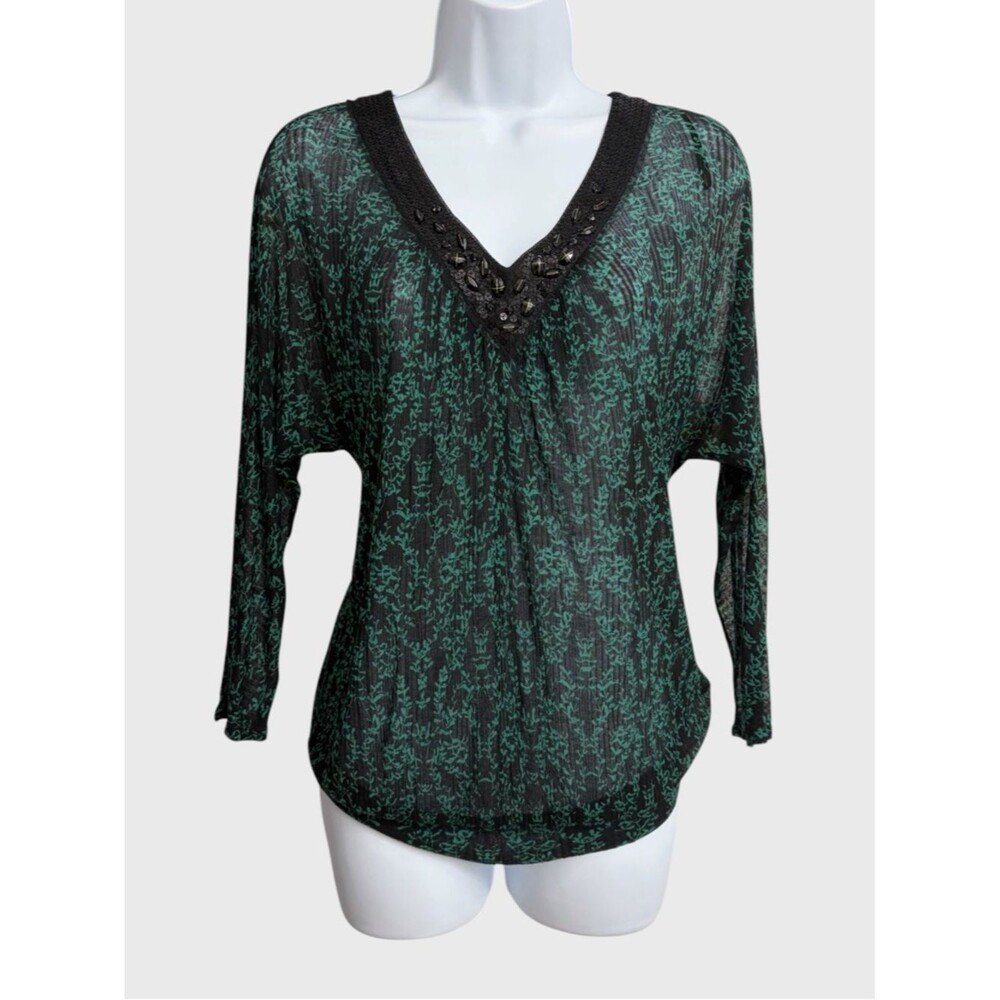 Free People Tree of Life Sheer Blouse Women's S Emerald Green Black Beaded *Flaw